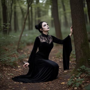 May include: A black velvet gown with a high collar and lace detailing on the bodice. The dress features long, flowing sleeves and a floor-length skirt. The woman is kneeling in a forest setting, creating a gothic or dark aesthetic.