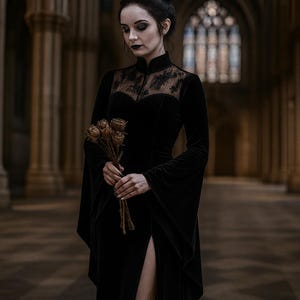 May include: A woman in a long black velvet dress with a high collar and lace detailing. The dress has long sleeves and a high slit. She holds a bouquet of dried flowers. The setting is a dimly lit gothic-style building.