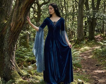 Celtic Medieval Velvet Dress for Women | Nordic Fantasy Gown with Lace Bodice | Renaissance Long Sleeve Costume