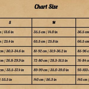 May include: A size chart on a tan background with black text. The chart lists measurements for shoulder, sleeve, bust, waist, hips, and length in both centimeters and inches for sizes S, M, and L.