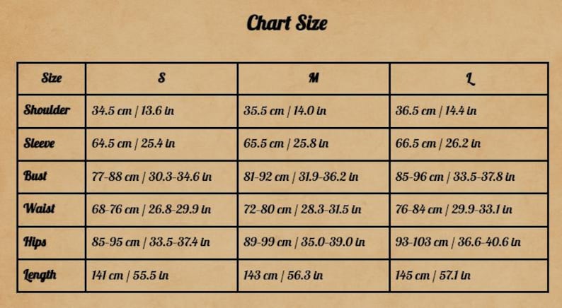 May include: A size chart on a tan background with black text. The chart lists measurements for shoulder, sleeve, bust, waist, hips, and length in both centimeters and inches for sizes S, M, and L.