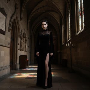 May include: A woman in a long, black velvet gown with a high slit, standing in a gothic cathedral. The dress features a lace bodice and long, flared sleeves. The background includes stained glass windows and arched ceilings, creating a dramatic atmosphere.