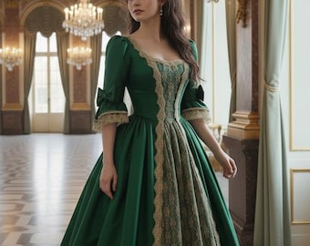 Robe de bal renaissance : costume de reine médiévale brodée d'or