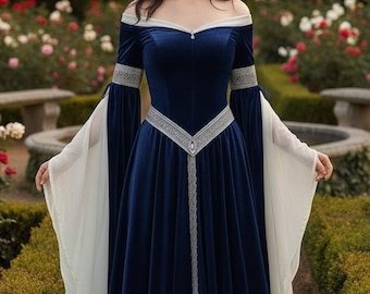 Robe d'elfe en velours, manches cloche Renaissance en mousseline de soie, costume fantastique