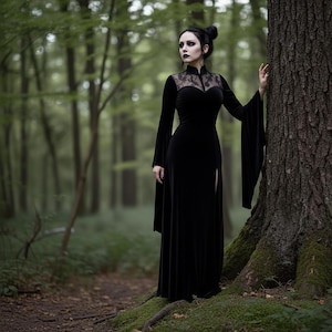 May include: A long, black velvet dress with a high collar and lace detailing. The dress features long sleeves with flared cuffs and a thigh-high slit. The woman in the dress is standing in a forest.