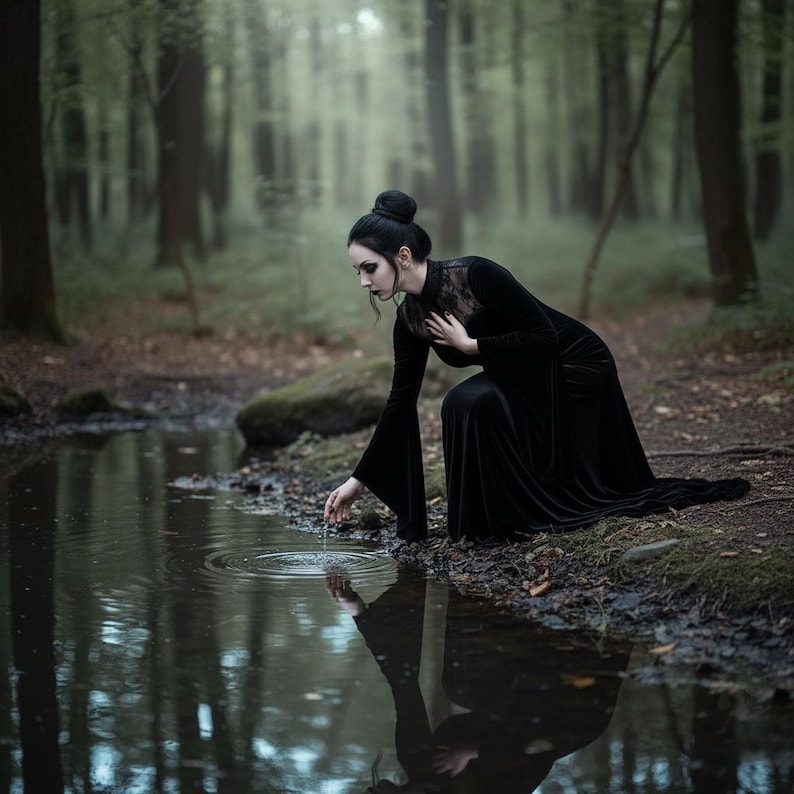 May include: A woman in a long black dress with bell sleeves kneels by a pond in a forest. The dress has a lace neckline. The woman's reflection is visible in the water. The forest is lush with green trees and brown leaves.