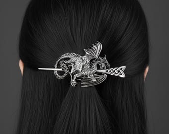 Stick cheveux dragon | Épingle à cheveux Viking celtique | Accessoire pour cheveux médiéval fantastique | Barrette à cheveux dragon argentée
