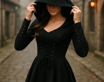 Robe Renaissance à capuche : robe de sorcière gothique à lacets