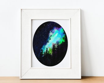 Starry Trees galaxy watercolor printable download wall art decor 5 high quality JPG Files night sky stars nebula evergreen trees printathome