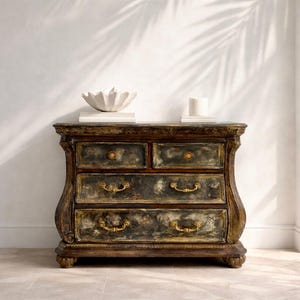 Puede incluir: Una cómoda de madera oscura con acabado desgastado, que presenta dos cajones superiores pequeños y dos cajones inferiores grandes. Cada cajón tiene tiradores de metal dorado ornamentados. Un cuenco decorativo y una vela blancos descansan encima.
