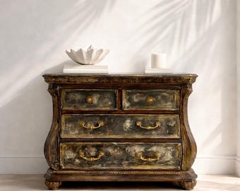 Blue-Gray-Gold French Provincial Dresser – Vintage Distressed 4-Drawer Serpentine Chest, Hand-Painted Accent Furniture