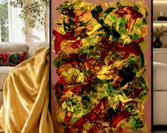 オリジナル抽象画 24x36インチ | 大型表現主義キャンバス | 大胆なウォールアート：黄色、赤、青、緑 | 一点もの