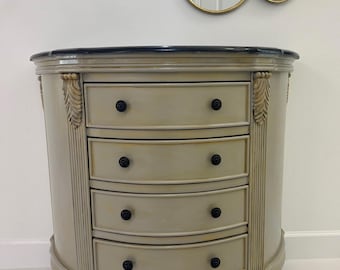 Vintage French Style Light. Grey Curved bombe chest with black granite top. 4-Drawer Chest