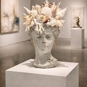 Könnte beinhalten: Eine graue Skulptur eines Frauenkopfes, geschmückt mit einer Krone aus Muscheln. Die Skulptur hat geschlossene Augen, goldene Ohrringe und eine Schmuckkette. Das Kunstwerk wird auf einem weißen Sockel in einer Galerie ausgestellt.