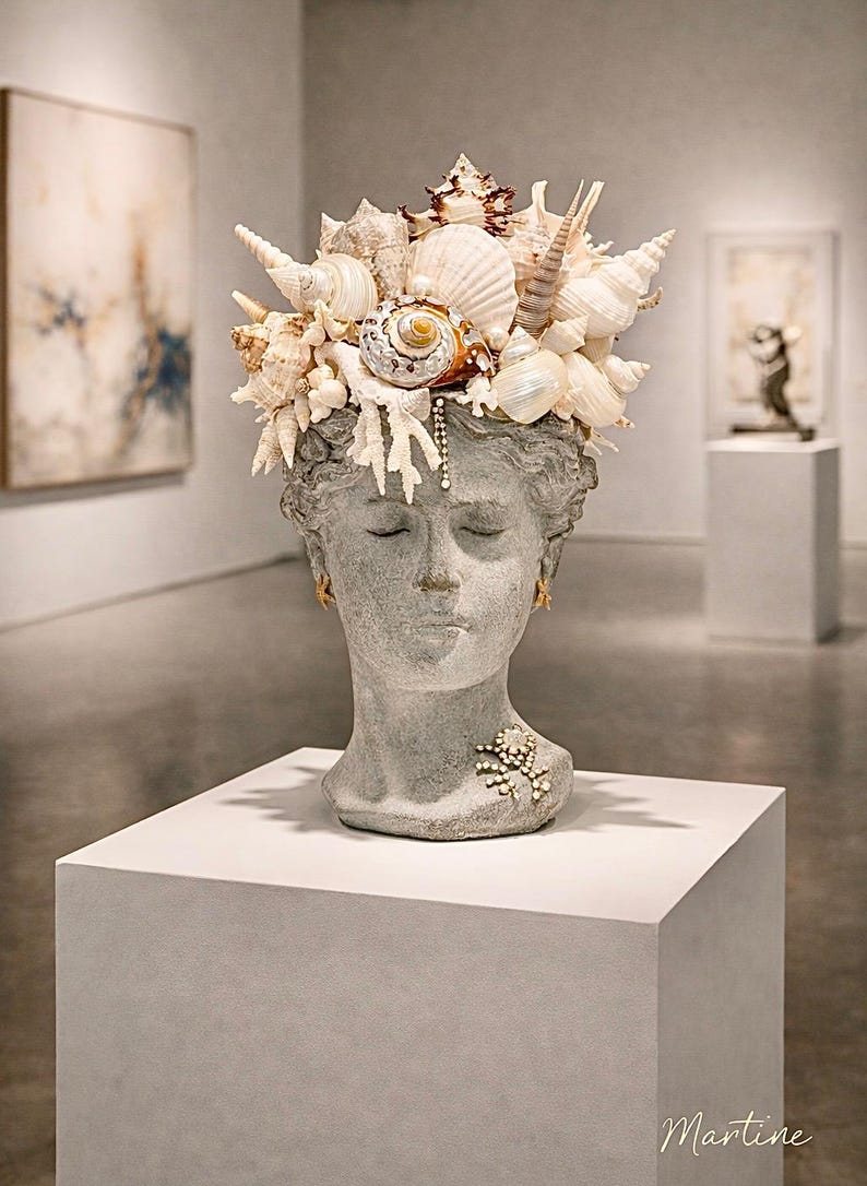 Seashell Head Seashell Crown Bust Sculpture – Ocean Goddess Head Planter ...