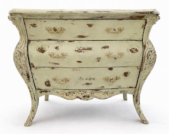Cómoda Bombe verde de estilo provenzal francés – Cómoda con acabado envejecido a mano, mueble serpentino de estilo Luis XV vintage