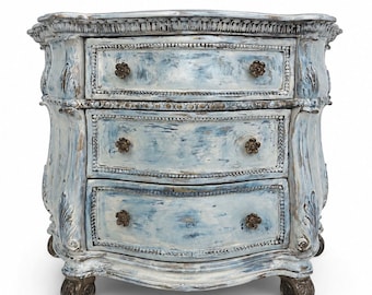 Vintage Distressed Blue Dresser | Hand-Painted 3-Drawer Chest | Shabby Chic French Country | Carved Details | Maison Martine | One of a Kind