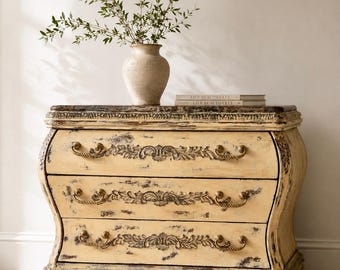 French Provincial Chest of Drawers • Distressed Cream Dresser • Caramel Marble Top • Carved Solid Wood