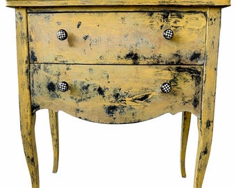 Vintage Distressed Yellow Chest • Two Drawer Console Table • Shabby Chic Credenza • Hand-Painted Rustic Furniture