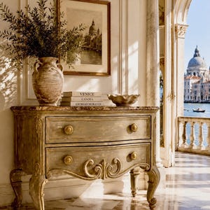 French Marble Top Commode – Antique Carved Chest, Distressed Gold & Walnut Finish