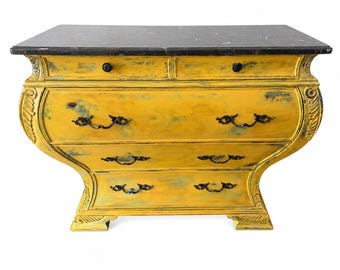 Vintage French Provincial Bombe Chest | Mustard Yellow Distressed Dresser | Marble Top Louis XV Commode