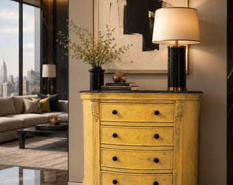 Vintage French Provincial Serpentine Dresser – Hand‑Painted Yellow Chest with Black Granite Top – Curved Front, Distressed Finish