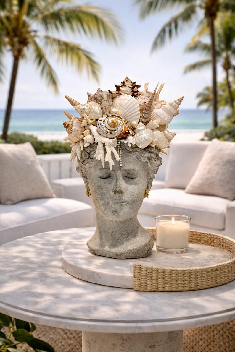 Seashell Head Seashell Crown Bust Sculpture – Ocean Goddess Head Planter ...