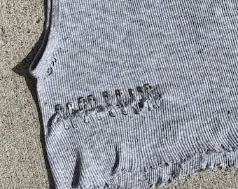 Safety Pin Distressed Tank Top, Gray Ribbed Crop Tank, Punk Grunge Cut Off Top, Reworked Y2K Alt Clothing, S/M/L, Punk Rock Lies Collection