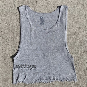 Safety Pin Distressed Tank Top, Gray Ribbed Crop Tank, Punk Grunge