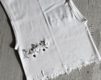 Safety Pin Distressed Crop Tank, White Ribbed Cut Off Tank Top, Punk Grunge Reworked Y2K Alt Clothing, S/M/L, Punk Rock Lies