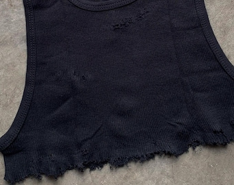 Underboob Distressed Crop Tank Top, Black Ribbed Cut Off Tank, Punk Grunge Thrashed Top, Reworked Y2K Alt Clothing, S/M/L, Punk Rock Lies