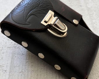 70s 80s Vintage Eagle Tooled Leather Cigarette Case, Studded Biker Lighter Holder, Americana Motorcycle Accessory