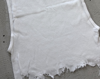 Distressed White Ribbed Tank Top, Underboob Crop Tank, Grunge Cut Off Top, Reworked Punk Alt Clothing, L/XL