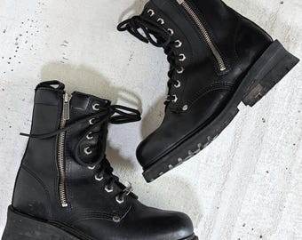 Botas de couro vintage Harley Davidson femininas tamanho 8,5 | Botas de combate pretas com cadarço para motociclista | Sola tratorada grunge Y2K