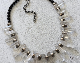 Handmade Crystal Skull Statement Necklace, One of a Kind Silver Tone Quartz Spike Necklace, Punk Goth Festival Jewelry