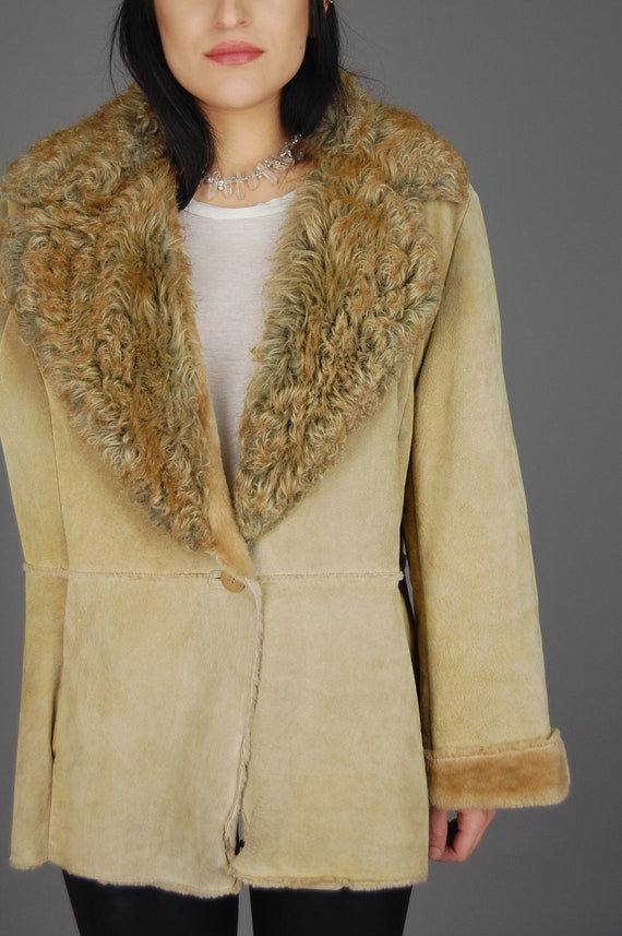 St John S Bay Shearling Suede Leather Jacket Vtg 90s Tan Faux Fur Sherpa Penny Lane Hippie Boho Country Western Warm Winter Coat Large Xl