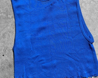 Distressed Crop Tank Top, Blue Ribbed Cut Off Tank, Punk Grunge Thrashed Top, Reworked Y2K Alt Clothing, S/M/L, Punk Rock Lies
