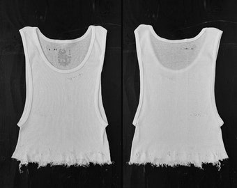 PUNK ROCK Lies Plain White Ribbed Distressed Cut Off Crop Tank Top Fruit of Loom Thrashed Ripped Thin Grunge Tee Biker T-Shirt – S/M/L