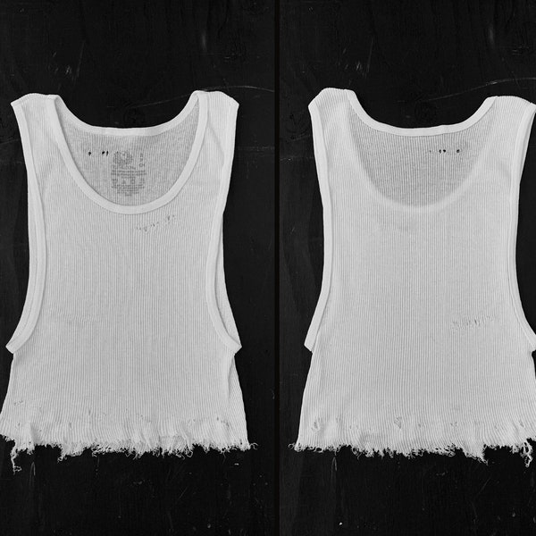 PUNK ROCK Lies Plain White Ribbed Distressed Cut Off Crop Tank Top Fruit of Loom Thrashed Ripped Thin Grunge Tee Biker T Shirt - S/M/L