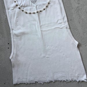 Punk Rock Lies White Ribbed STUDDED Distressed CUT Off Tank Top Ripped Thin Tee Biker Grunge Rock N Roll Reworked Unisex T Shirt - Large/XL