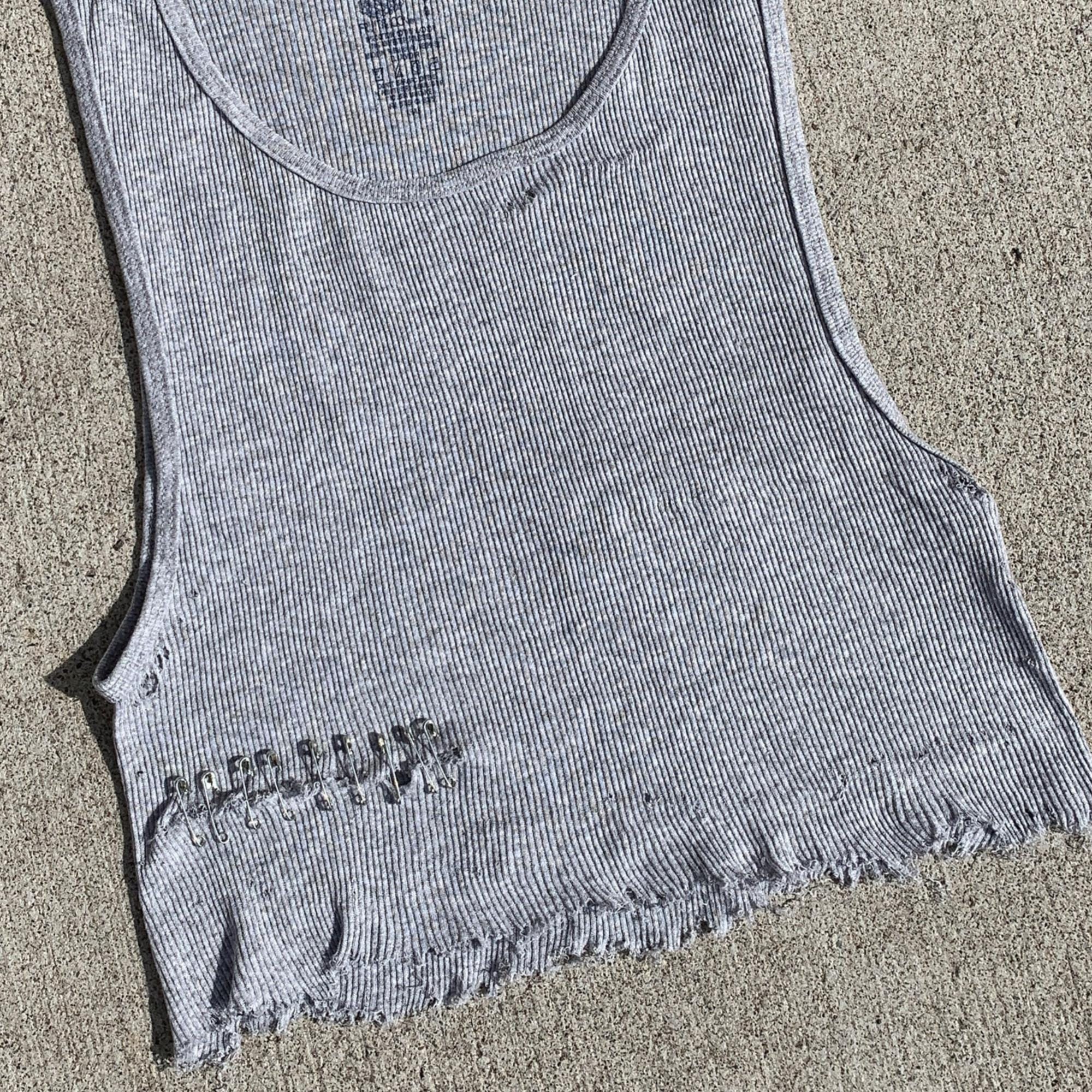 Safety Pin Distressed Tank Top, Gray Ribbed Crop Tank, Punk Grunge