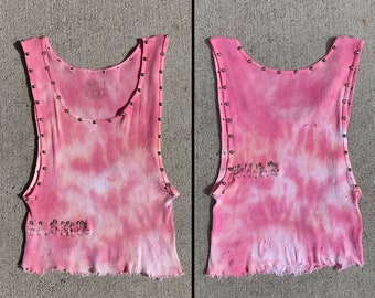 PUNK ROCK Lies Pink Tie Dye Studded & Safety Pin Ribbed Cut Off Crop Tank Top Distressed Ripped Thin Grunge Tee T Shirt - Small/Medium/Large