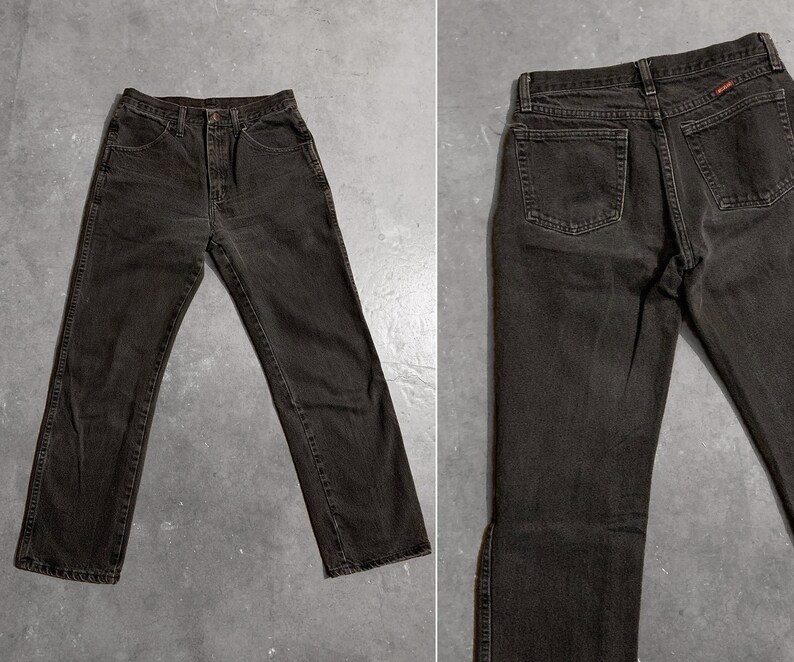 SmallMedium Vintage Black RUSTLER Denim BOYFRIEND Jeans 80s90s Distressed Low Rise Waist Worn In Rocker Grunge Biker Straight Pants 29