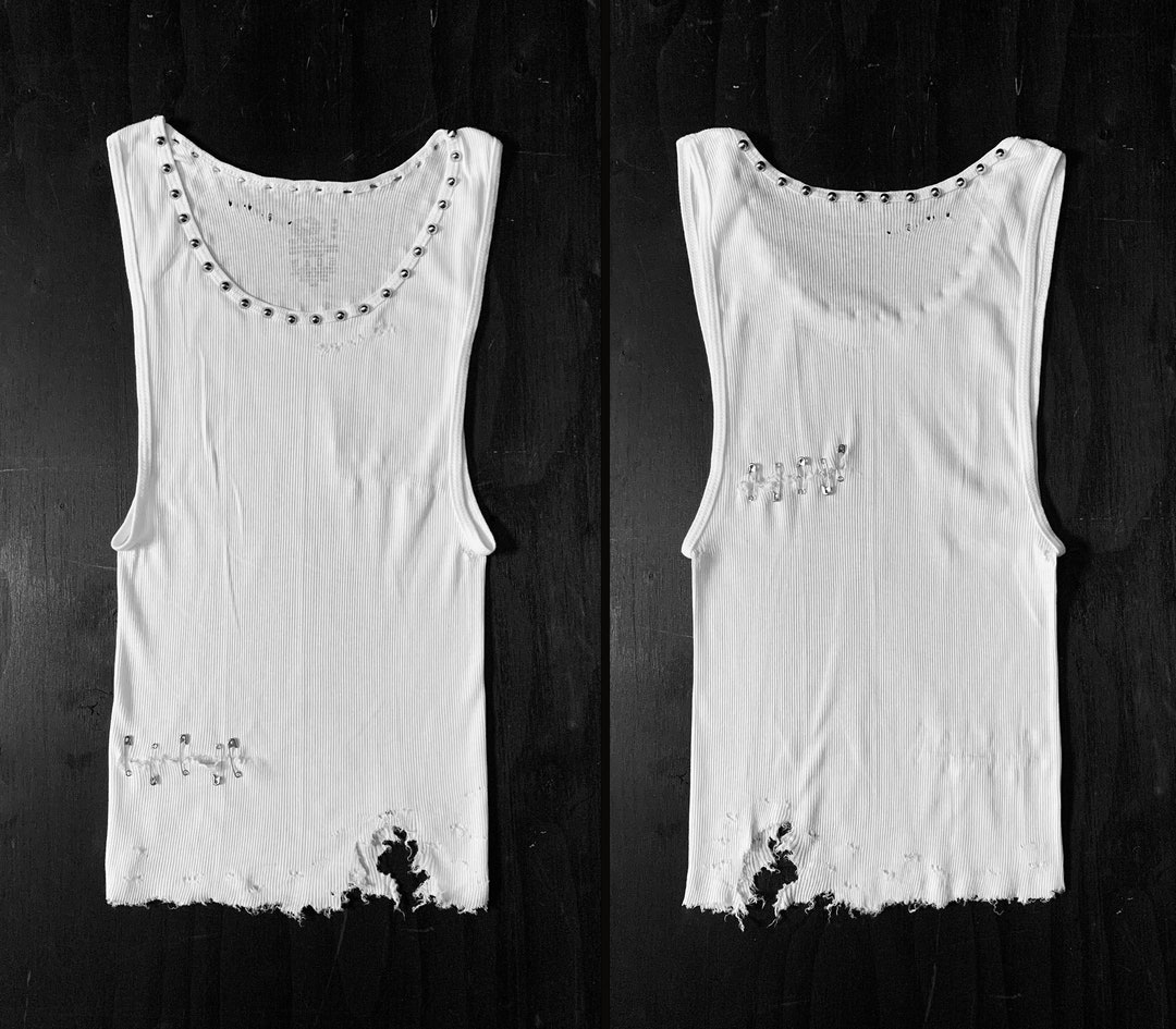 PUNK Rock Lies White Cut off Distressed Studded Safety Pin Tank Top