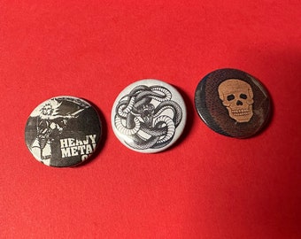 HEAVY Metal Pinback Buttons Set Pins | Punk Rock, Woman, Snake, Skull, Rock N Roll, Motorcycle Biker Gift Party | DIY Custom 1” 1 inch 25mm