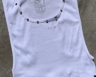 Studded Distressed White Ribbed Crop Tank, Underboob Cut Off Tank Top, Grunge Punk Reworked Clothing, S/M/L