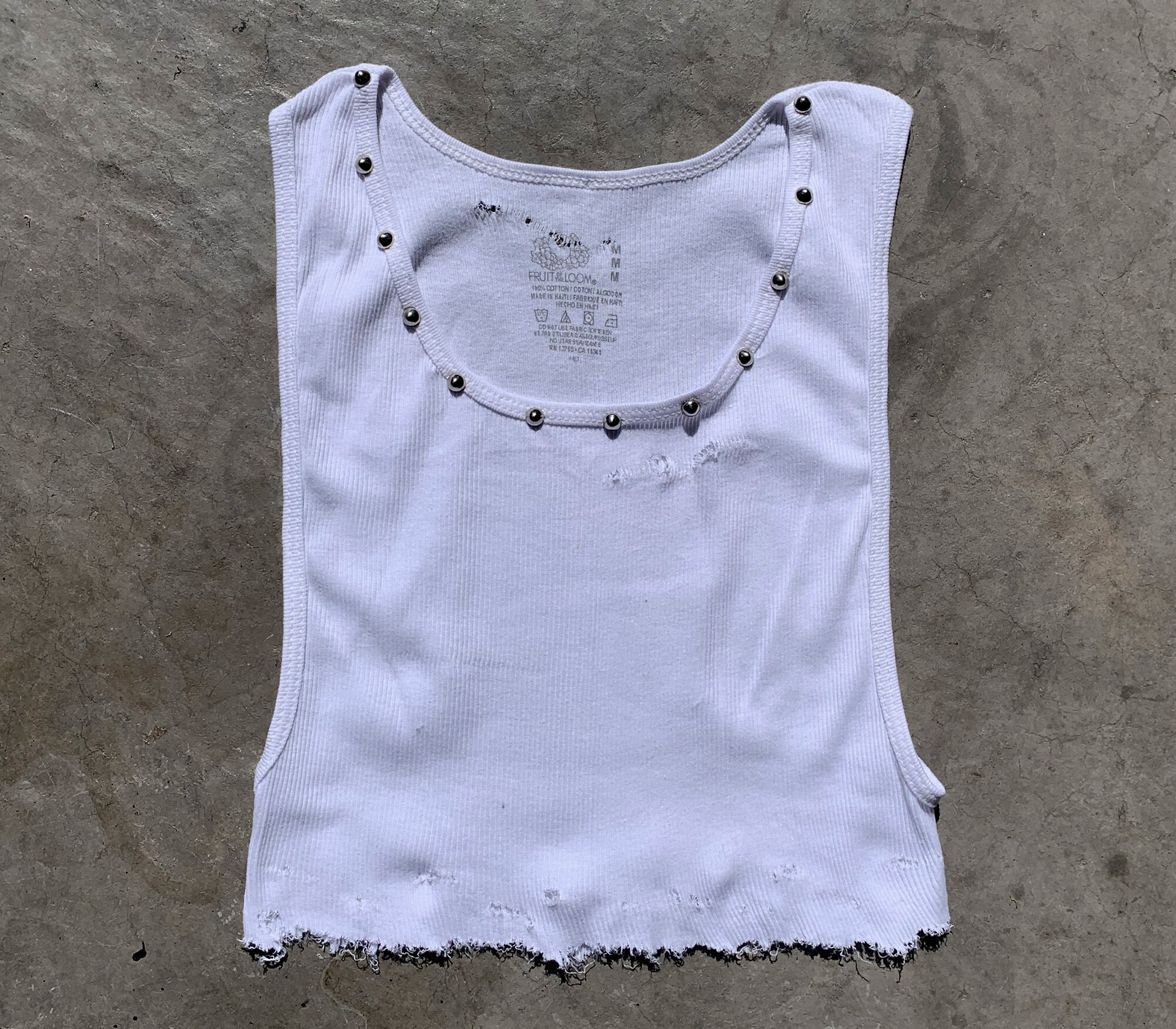 PUNK ROCK Lies White Ribbed Distressed Cut off Studded PUNK ROCK Lies White Ribbed Distressed Cut off Studded