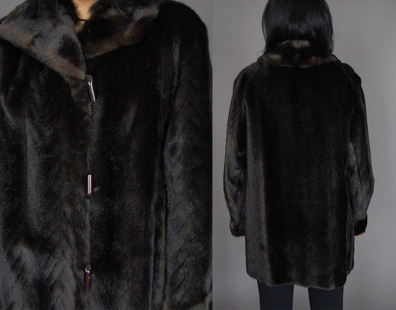 Brown DUBROWSKY /& PERLBINDER Faux Fur Jacket Vtg 70s Herringbone Leather Long Feathered Fancy Party Exclusively Warm Winter Coat LargeXL