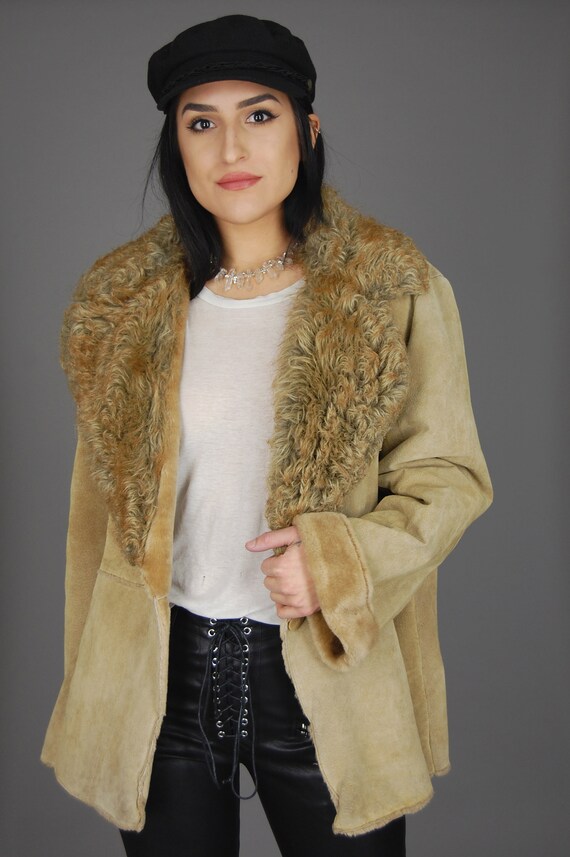 St John S Bay Shearling Suede Leather Jacket Vtg 90s Tan Faux Fur Sherpa Penny Lane Hippie Boho Country Western Warm Winter Coat Large Xl