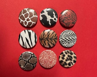 ANIMAL Print Metal Pinback Buttons Set Pins | Giraffe, Cow, Red & Brown Snake, Zebra, Tiger, Leopard Party Gift | DIY Custom 1” 1 inch 25mm